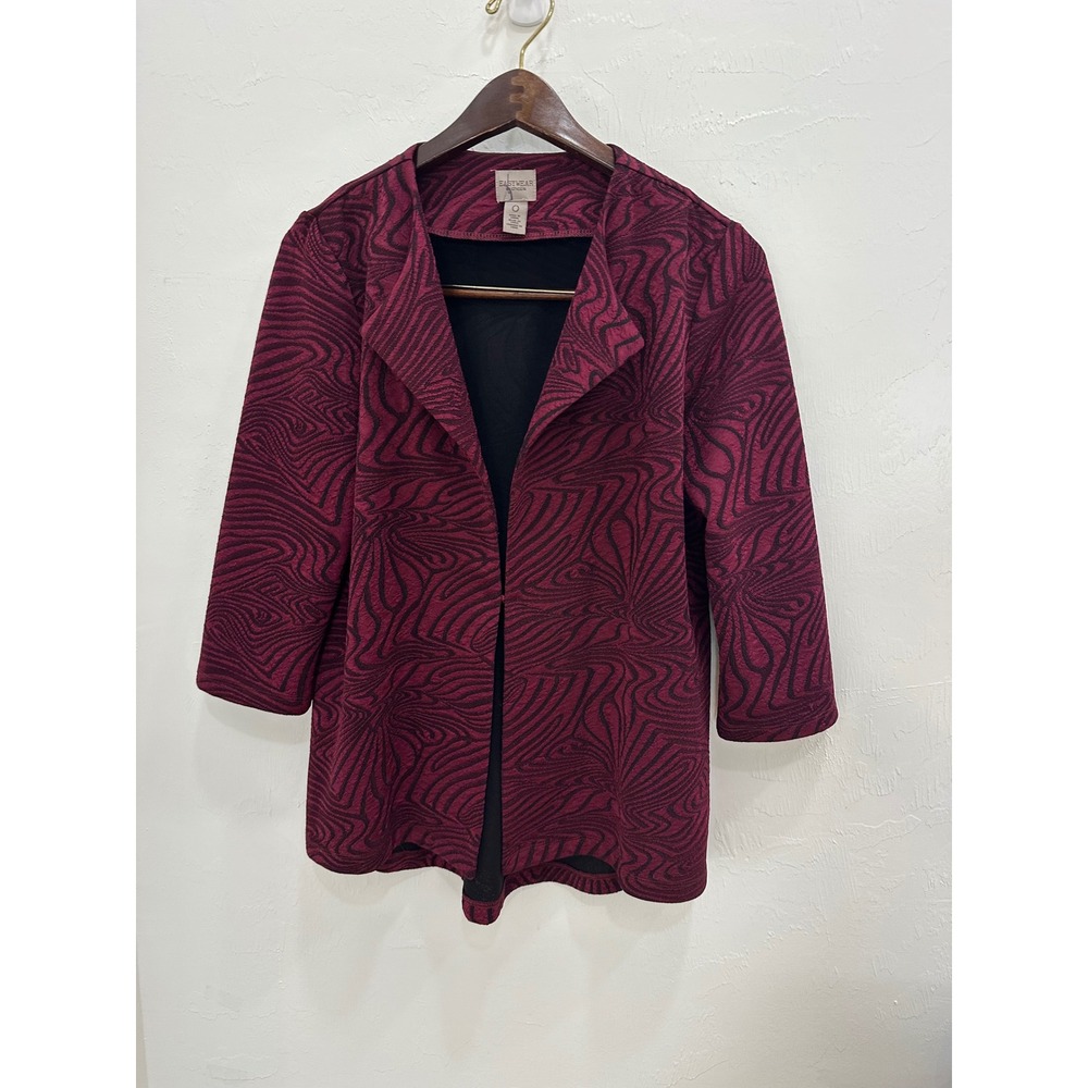 Chico's Easywear Burgundy Black Swirl Textured Open Front Jacket Size 0 XS S